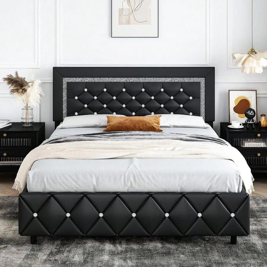 Upholstered Bed Frame, Modern Platform Bed Frame With Diamond Headboard And Footboard, No Boxing Spring Needed, Easy Assembly, Black/ Grey/ Pink/ Purple/ White/ Beige / Green, Twin/ Full/ Queen/ King, Home Decor, Bedroom Decor Ideas, Full Size Bed