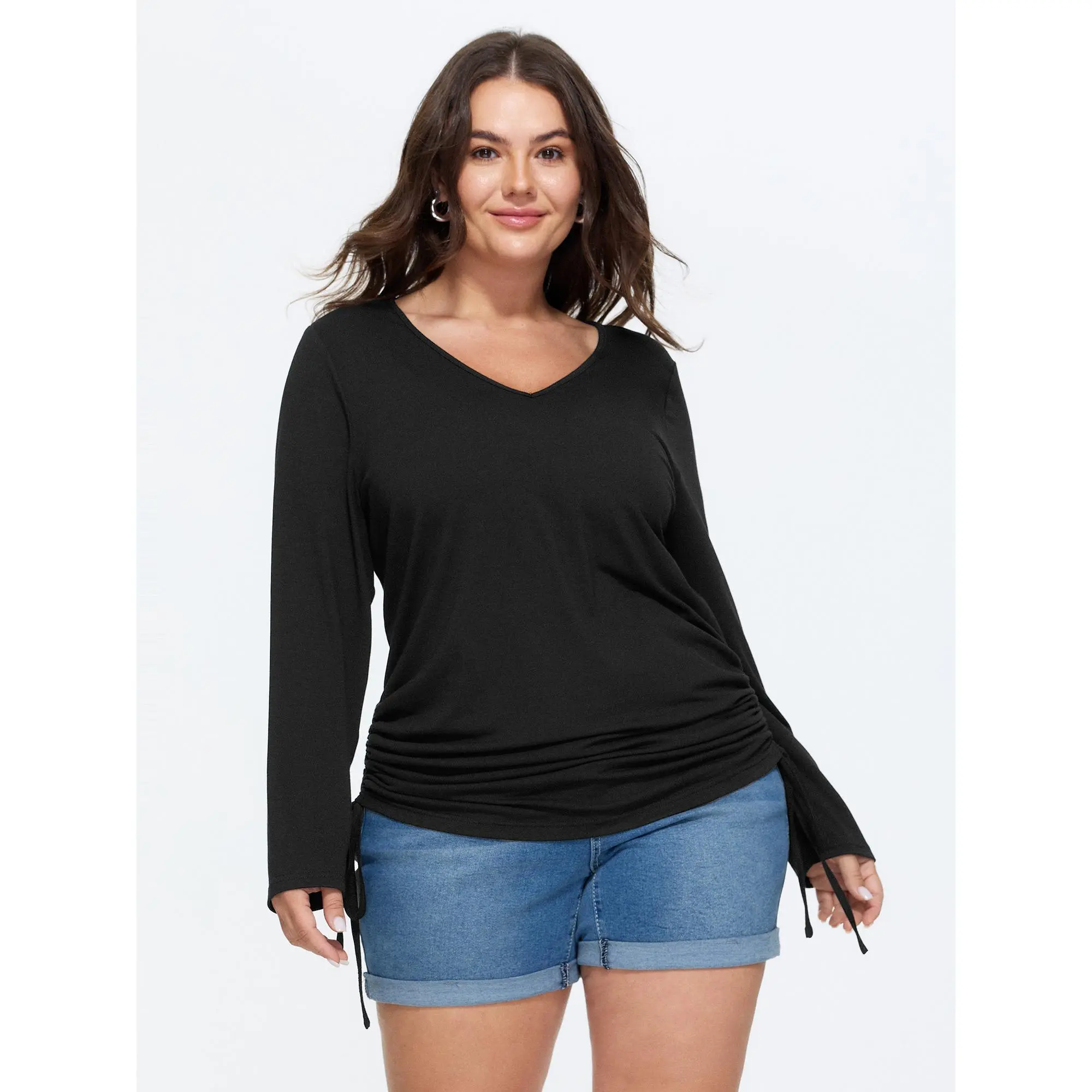BloomChic Women's Plus Size Long Sleeve Top, Casual Solid Stretchy Jersey Garment with an Adjustable Drawstring Hem, Fabric, Basic, Plus Size Tops