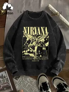 Cotton Letter Nirvana Print Round Neck Sweatshirt, Casual Vintage Style Pullover, Daily Wear, Fall & Winter Fashion