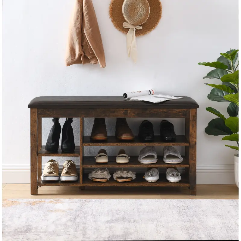 Minimalist Nordic-Style Height-Adjustable Storage Shoe-Changing Bench - Natural Rubberwood Charcoal-Grained Indoor Stool, Sponge Seat, Concealed Large Compartments, 400lbs Capacity, 33.7lbs Weight, Paper-Infused Build, Assembly Required