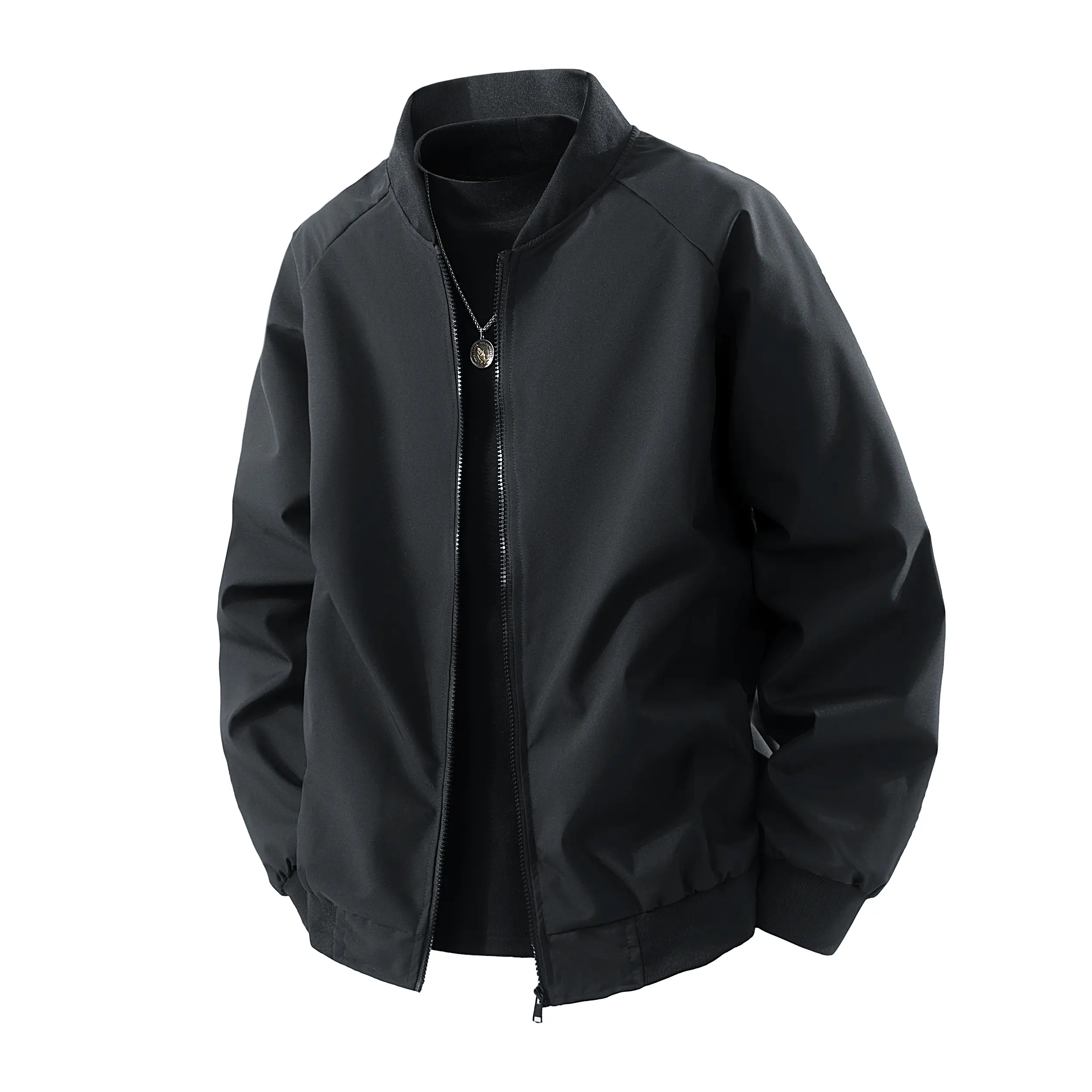 Lightweight men’s slim-fit solid-color long-sleeve aviator jacket — a fashionable varsity-meets-street casual baseball jacket; comfortable menswear top; black jacket suitable for everyday wear and gifting.