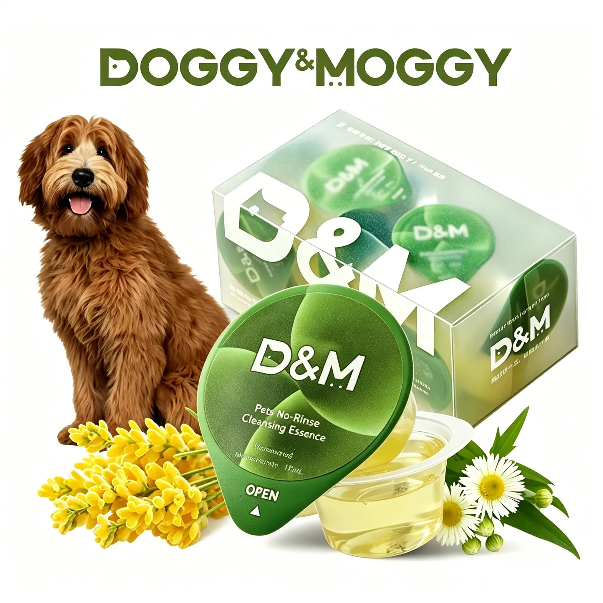 DOGGY&MOGGY Natural Waterless Pet Shampoo for Dogs & Cats, No-Rinse Cleansing Essence, 10 Single-Use Jelly Cups, Tear-Free Plant-Based Formula, No-Bath Grooming Supplies, Animal