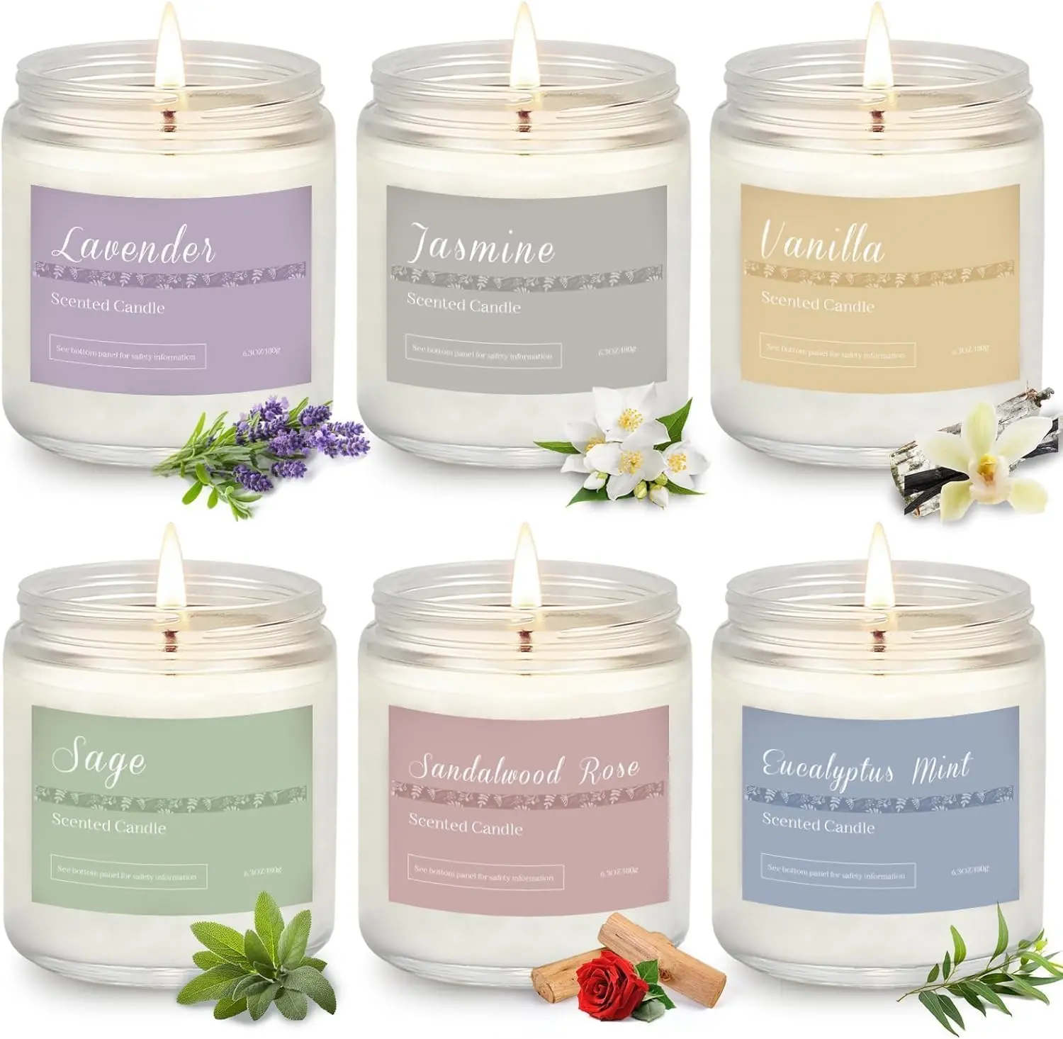 Scented Candles Gift Set for, 6-Pack Aromatherapy Candles for Home| Lavender, Jasmine, Vanilla, Sage, Sandalwood Rose & Eucalyptus Mint.42 oz 300 Hour Burn for Home, Baths, Yoga &