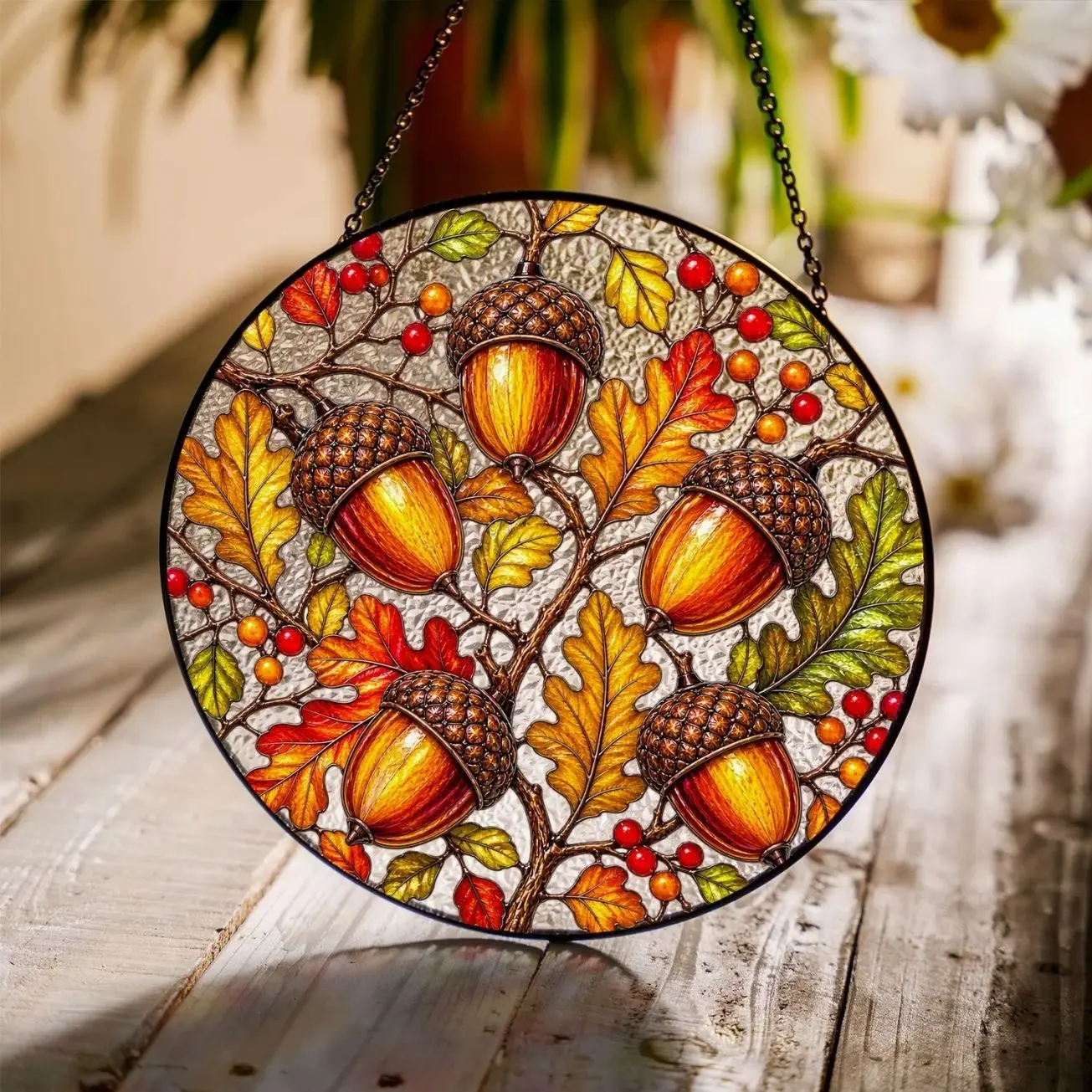 Acorn Stained Glass Suncatcher, Autumn Oak Leaf Window Hanging, Fall Harvest Home Decor, Woodland Nature Gift, Rustic Glass Ornament
