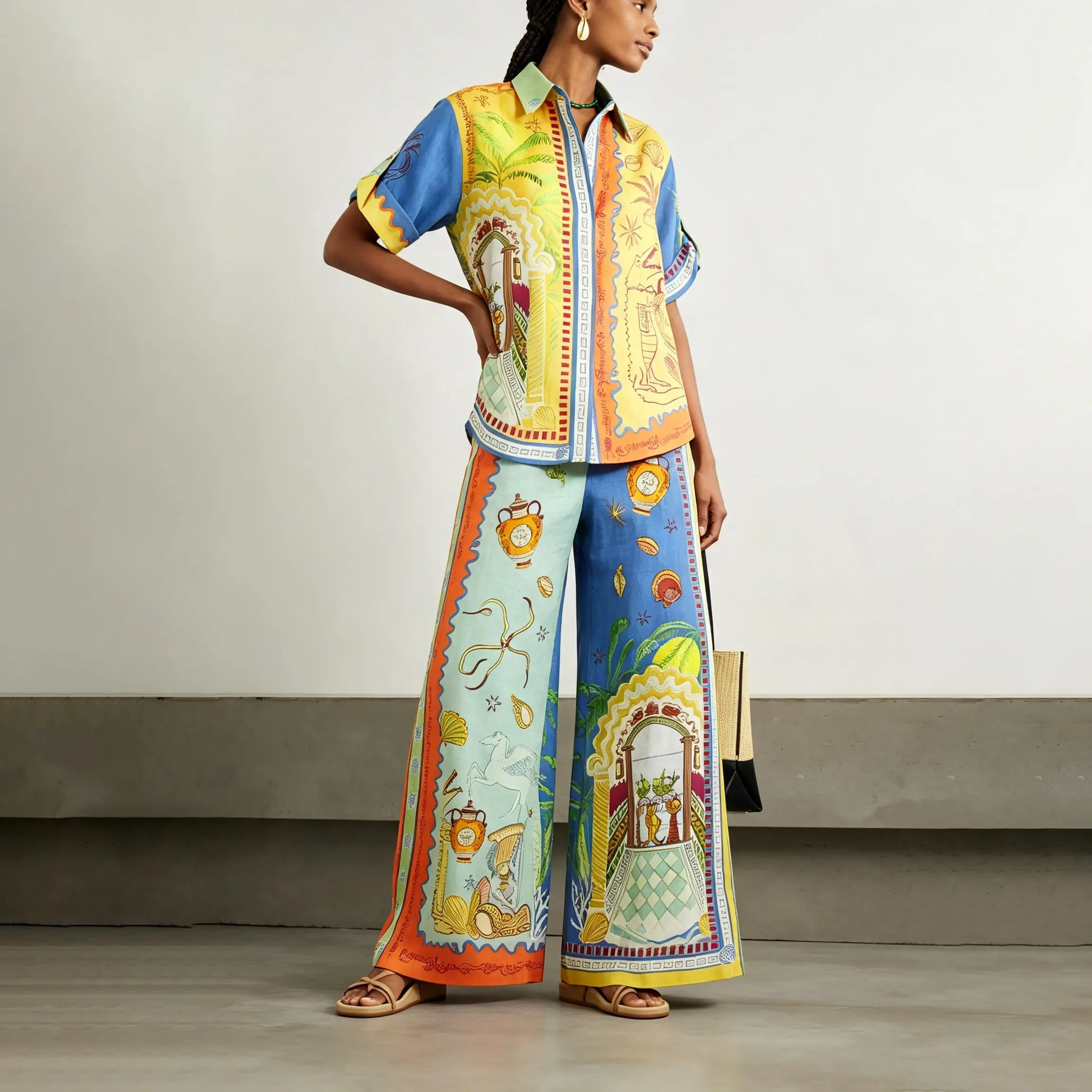 LikeMyChoice 2026 Women's Dreamy Unique Print Two-Piece Pants and Top Set - Loose Short-Sleeve Shirt, Comfortable Long Pants, Lightweight and Cool Fabric, Perfect for Travel and Everyday Wear, Boho Coastal Casual Resort Wear Outfit,Summer  lounge