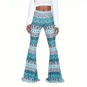 2025 New Fashion Turquoise & Blue Paisley Print High Waist Flare Leg Pants - Stretchy Polyester/Spandex Blend Casual Bell Bottoms Womenswear Fitted Fabric