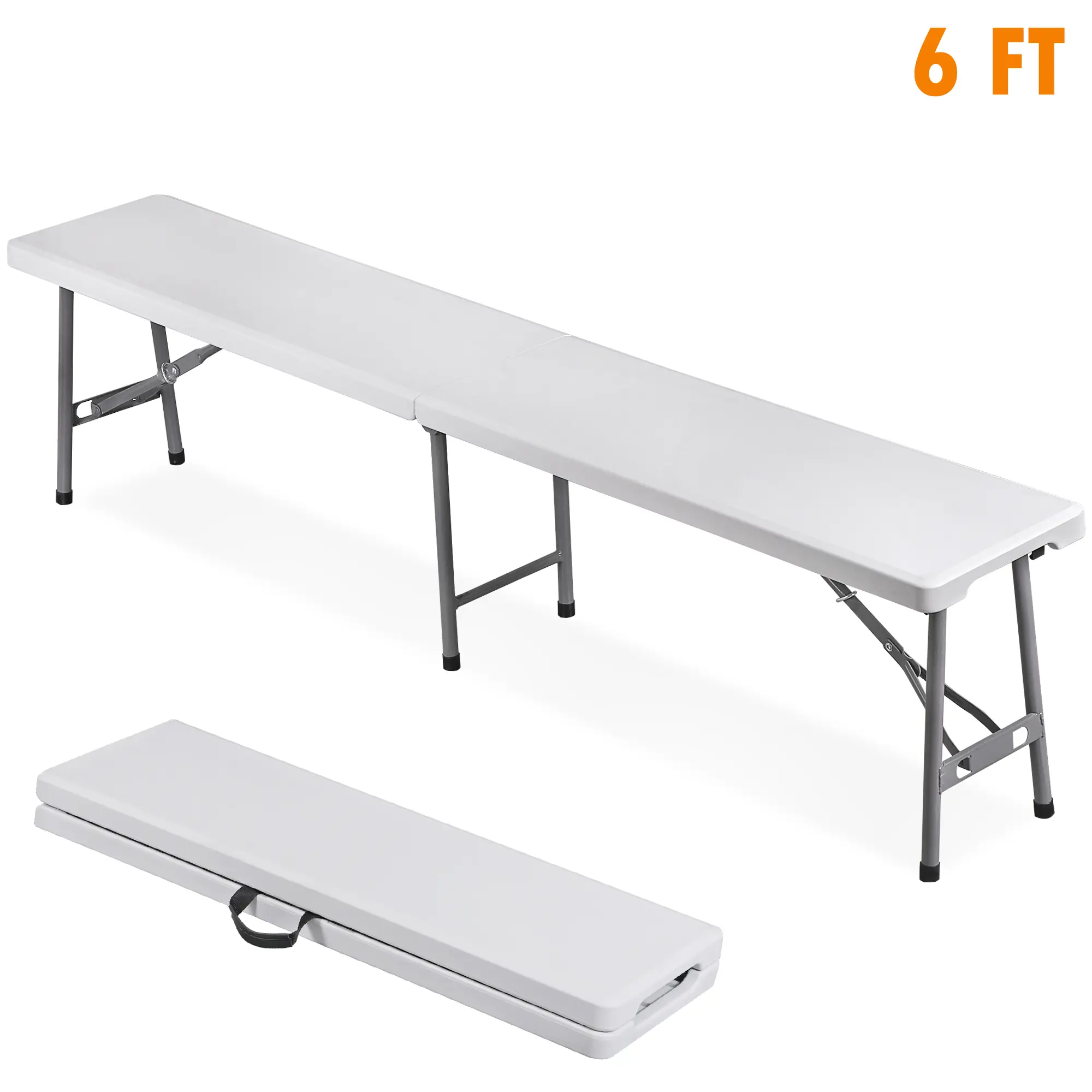 SuperDeal 6FT Heavy-Duty Plastic Folding Bench - Outdoor Patio Furniture, Easy Fold, HDPE + Metal, Heavy-Duty Legs, Portable for Indoor Picnic Use, White