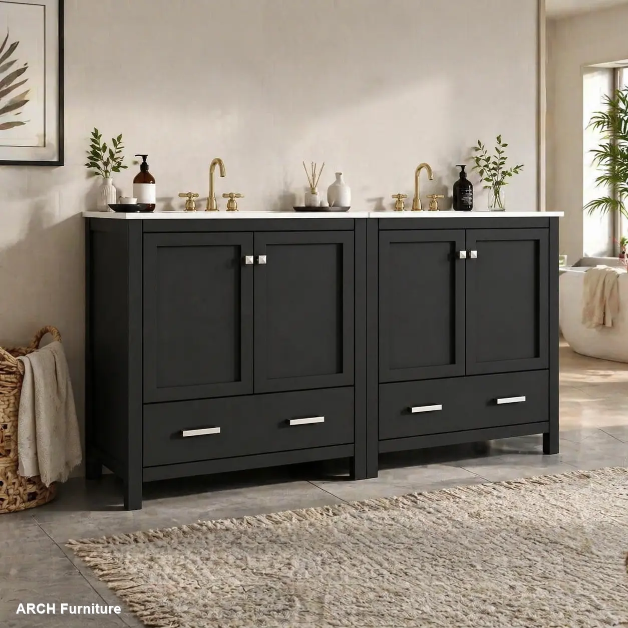 60" Sturdy Durable Black Free-Standing Solid Wood Double Vanity Set - Separate Vanities, Double Ceramic Sinks, Divided Drawers, Storage Shelf, Flat Edge, Modern Bathroom Cabinet, Assembly Required, for Spacious Spaces (Mirror Not Included), Bathroom Stora