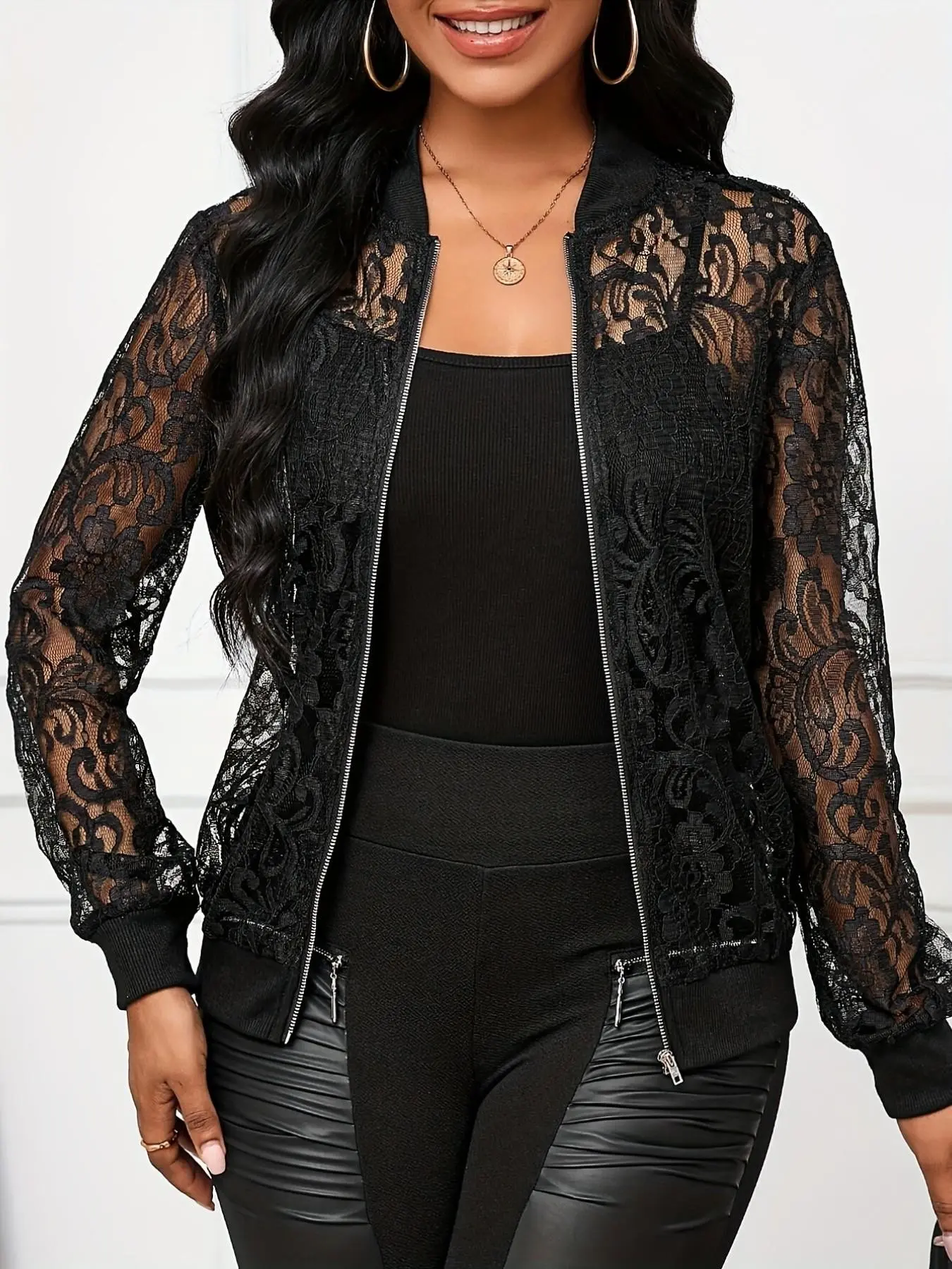 Elegant Feminine Plus Size Floral Pattern Long Sleeve Lightweight Lace Baseball Jacket Coat, Women's Fashion Outerwear, Stylish and Comfortable, Tops