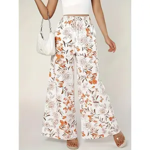Boho Elastic High Waist Pants Women's Flowy Wide Leg Beach Print Casual Lounge Pants Fabric Fit Polyester Floral Drawstring Waist Long Length Loose Fit Womenswear Loose Trouser Wideleg