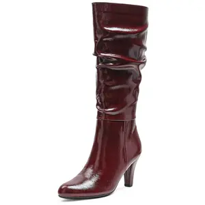 Women's Knee-High Boots, Comfortable Chunky Block Heel Pointed Toe Pull On Side Zipper Suede Slouch Riding Boots