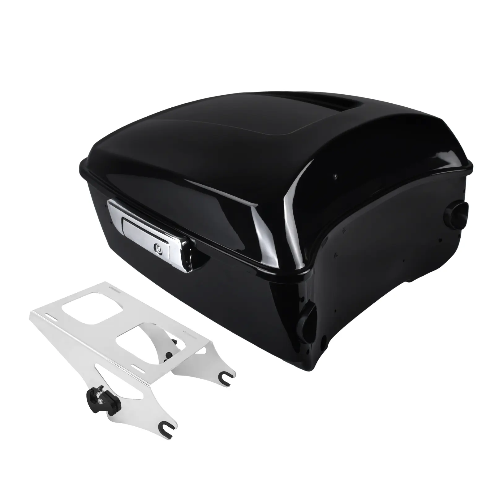 Aftermarket 100% Brand New 13.7" Heavy-Duty Metal Motorcycle King Tour Storage Trunk, Chopped Trunk w/ Lock Key, 1x Chrome Mount Rack, 2x Dual Pads, Fits Street Glide, Road King Touring Series (14-25)