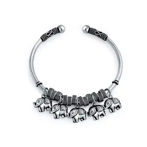 Bali Style Elephant Bangle Bracelet 5 Charms Antiqued Silver