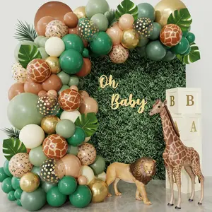 170Pcs Jungle Safari Balloons Arch Garland Kit, Sage Green Brown Animal Print Balloons Palm Leaves Wild One Safari Baby Shower Decorations For Boys Tropical Woodland Birthday Party Supplies