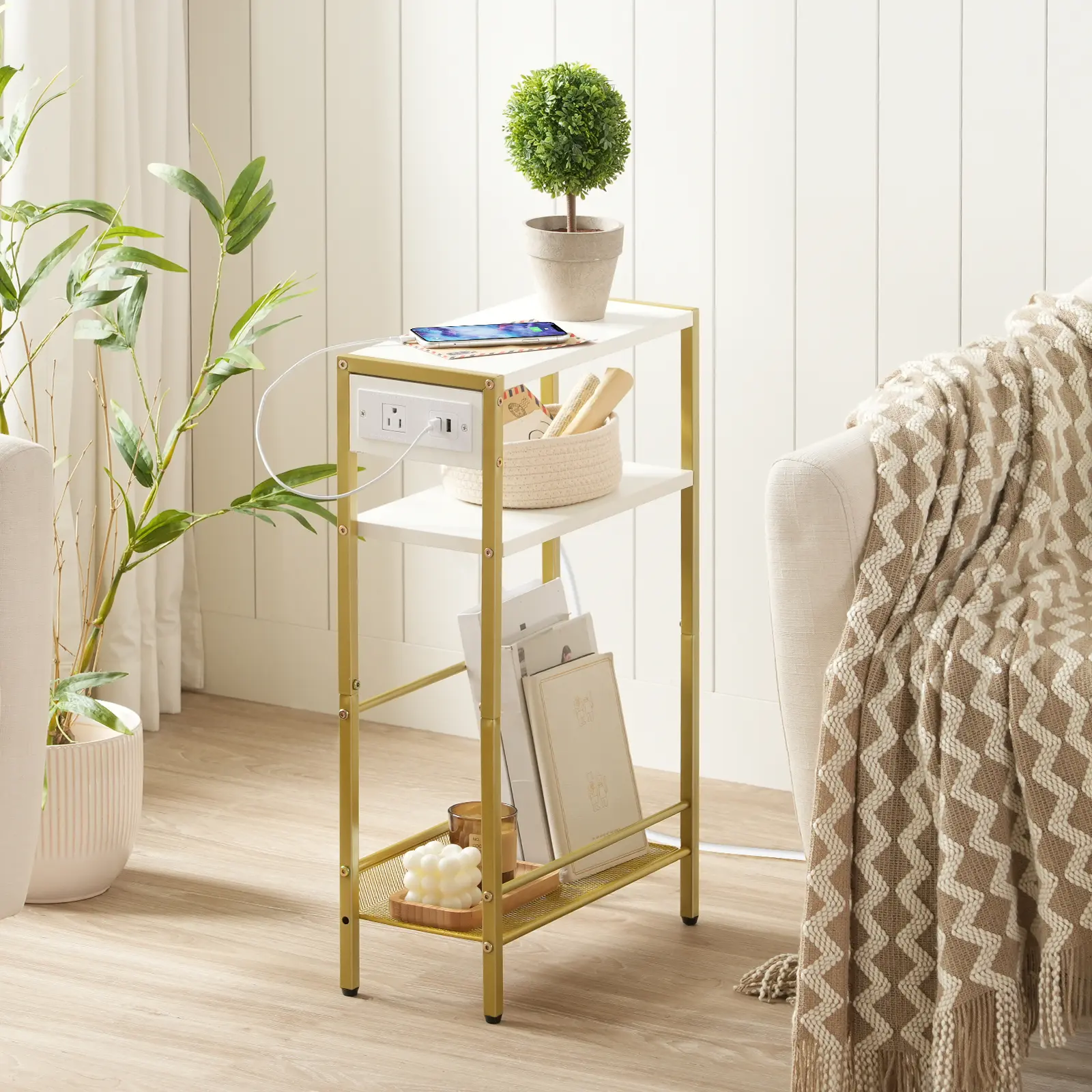 HOOBRO Small Narrow Side Table with Charging Station, Skinny End Table for Small Spaces, Slim Nightstand with USB Ports Outlet, Sofa Beside Table with Storage Shelf #SummerVibes