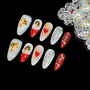 BByogooz Handmade Press On Nails Almond Shape Little Angel Design - Vintage Pearl & Silver Flower Acrylic Fake Nails, Salon Quality False Nails with Red/White Romantic Style