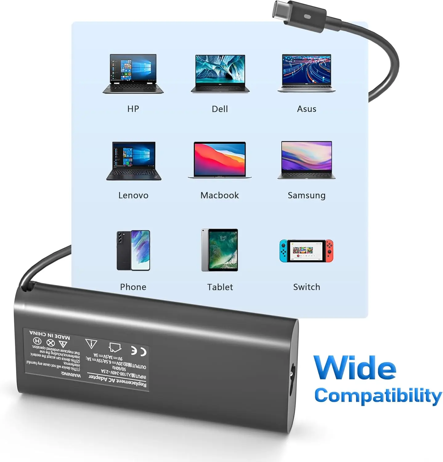 130W Laptop Charger USB C Type C Slim Power Adapter Compatible with Dell XPS 15 16 17 7590 9500 9510 9520 9700, Precision 3540 3550 5490 5540, Latitude 3550 5450 5500 5520 7430 7420 Supply Cord