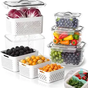 Fruit Storage Containers for Fridge with Removable Colander, 4 Pack Airtight Produce Containers with Divider, Stackable Food Storage Containers for Berry, Vegetable, Portable with handle#Summervibes
