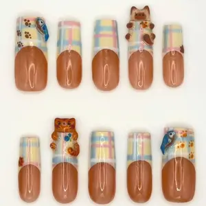 T142 Lynn Cozy Plaid Cat Press-On Nails, 3D Cat & Bird Charms, Paw Print Details, Warm Brown French Tips, Pastel Checkered Patterns, Cute Animal Lover Vibes, Custom Handmade Set, Gift for Her