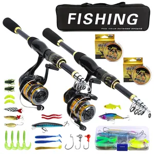 Complete Dual Rod Dual Reel Lure Fishing Kit with Multiple Baits, Fish Line, Portable Storage Bag, Universal Extendable Rod Spinning Wheel Combo Fishing Gear
