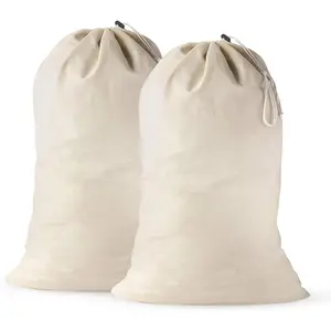 Large Cotton Laundry Bags 24x36 Inch with Drawstring, Heavy Duty Travel Organizer for Hamper, Basket, Camp – Beige (2 Pack)