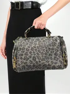 Ladies' fashionable and gorgeous diamond studded tote bag, leopard patterned full diamond cylindrical bag, handmade rhinestone bag, elegant bag, single shoulder crossbody bag, Elegant Handbag