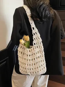 Handmade Crochet Hollow Out Tote Bag, Drawstring Closure, Adjustable Strap, Beach Bag for Women, Casual Handbags, Casual Daily Use, Vacation Essential