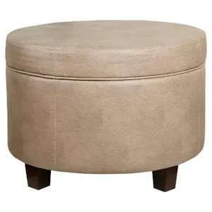 HomePop Round Storage Ottoman Faux Leather Living Room Bedroom Taupe