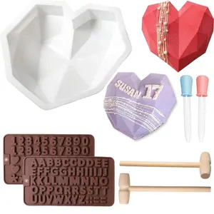 Pack fo 7 Breakable Heart Mold Kit for Chocolate With Hammer - Number Letter Mold Wooden Hammers/Dropper for Baking, 7.8in Large Valentine Candy Making Birthday Cake Flexible Romantic Shaped