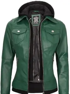 Zulin Women's Green Hooded Leather Jacket Real Lambskin Biker Style Removable Hooded Leather Coat for Women