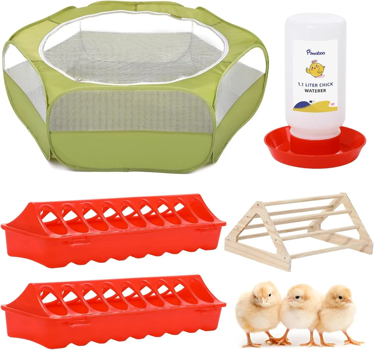 Pawaboo 5-in-1 Chicken Brooder Box for Chick Starter Kit, Includes Pet Cage Tent, Chicks Perch, Chick Feeder, 1.1L Chick Waterer, Baby Chick Supplies (Brooder Set), Green + Red + Wood Color,Includes a Bonus Chick Perch