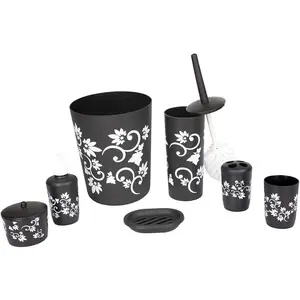 Floral Printed Accessory Set by|, Toothbrush Holder, Soap Dish, Dispenser, Cotton Ball Holder, Brush Holder & Waste Basket