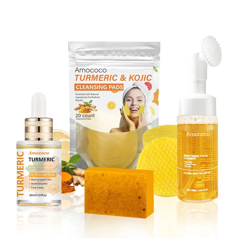 4 Pcs Turmeric Wash and Care Four Piece Set, Turmeric Tablets, Turmeric Cleansing Mousse,Turmeric Water-light Double-layer Essence Oil, Turmeric Soap Facial Cleansing Skincare Facial CleansingCleanser Comfort Facial Wash