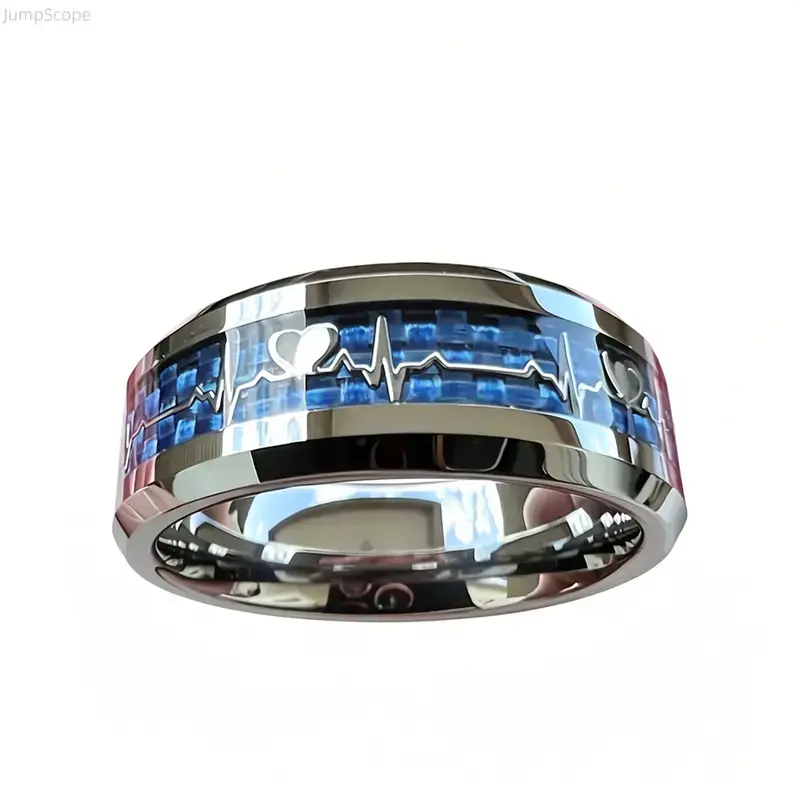 Men's Polished Stainless Steel Band Fashion Jewelry - Trendy Heartbeat Carbon Fiber Inlay, Durable Accessory for Daily Casual Wear & Wedding Anniversary, Steel Rings, Rings for Women, Carbon Fiber Ring