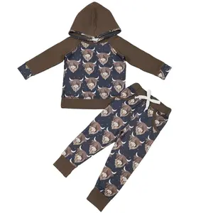 Highland Cow Print 2 Piece Printed Hoodie and Pants Boys Set
