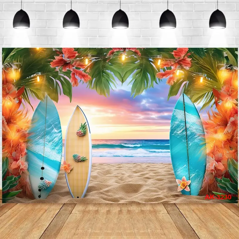 Photography Background Hawaii Surfboard Beach Sunset Tropical Plant Decor Beach Theme Party Photo Studio Backdrop