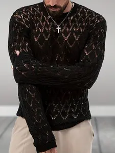 Men's Knitwear Knit Sweater, Round Neck Long Sleeve Hollow Out Design, Casual Fashion Pullover for Fall Winter, Soft Breathable Fabric