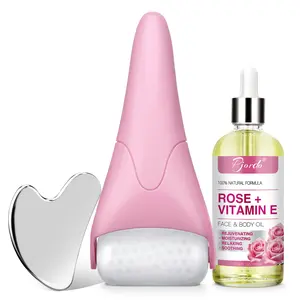 Pjordo 3pc lce Roller for Face & Eye, Vitamin E Rose Oil & Gua Sha Set, Gua ShaOil for Face & Body, Reduces Puffness Relieves Migraines Skin Care Tools,Facial Massager Tool & Self Care Gifts for Women