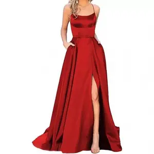 2025 New Women’s Bridesmaid Dress – Long Elegant Solid Color Dress with Thin Straps and a Train, Perfect for Banquets and Evening Events; Sleeveless, Basic Minimalist Design