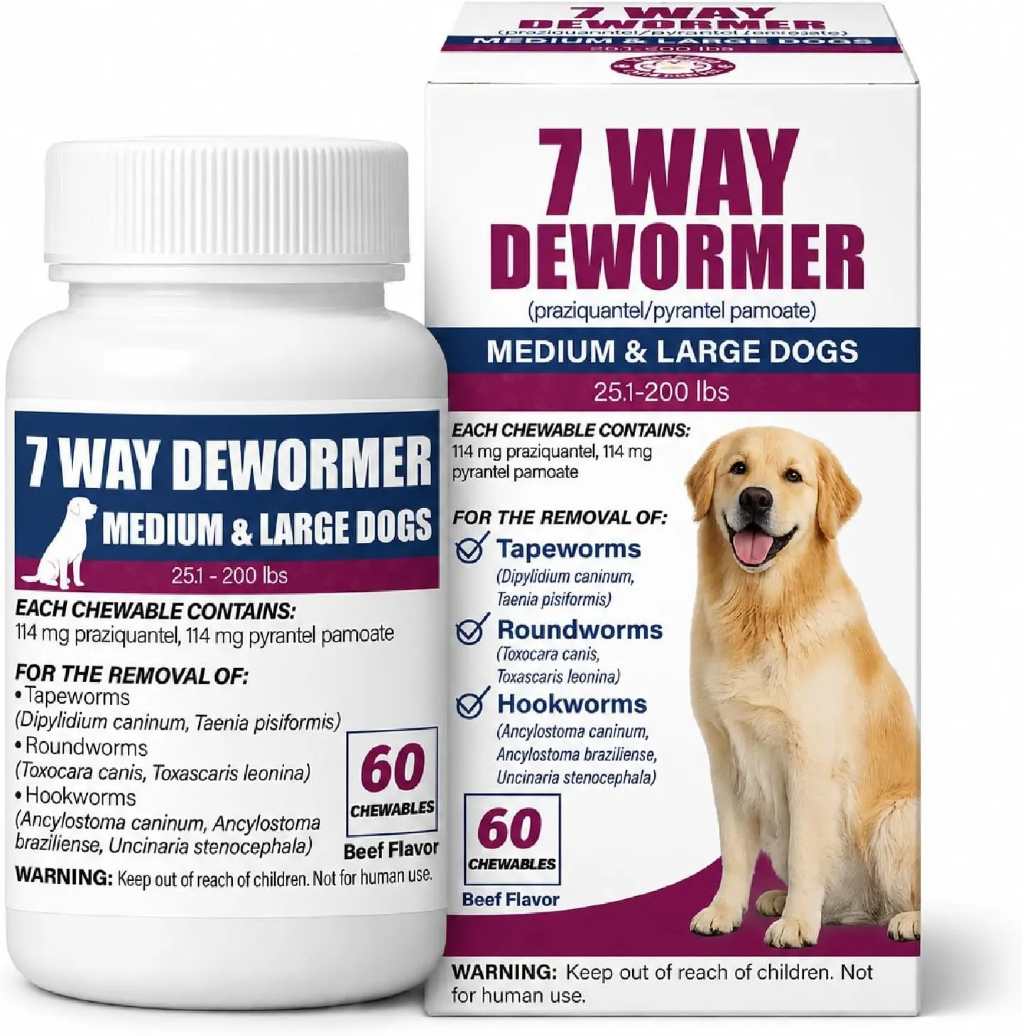 7-Way Dewormer for Dogs, Oral Wormer for Roundworms, Tapeworms & Hookworms, Medium & Large Dogs 25.1–200 lbs, 60 Beef Flavored Chewables, Praziquantel & Pyrantel Pamoate