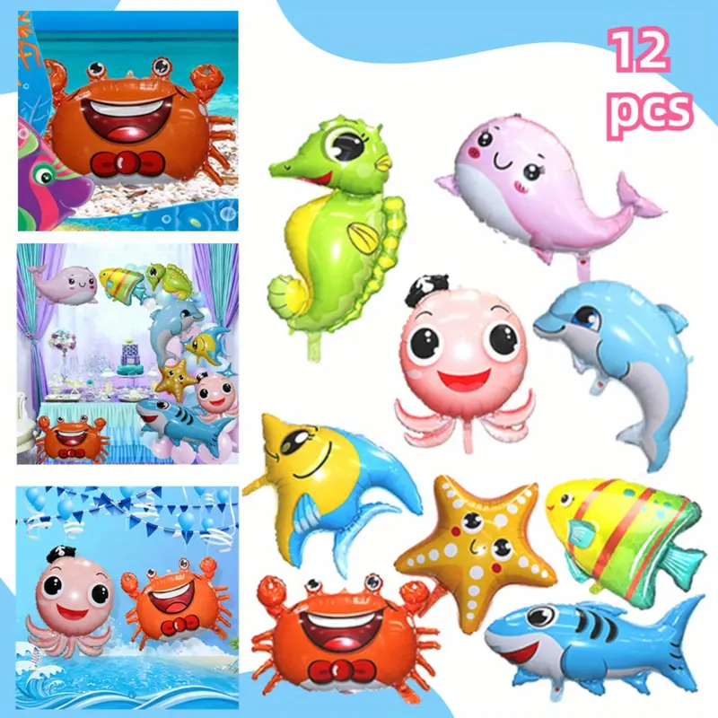 Sea Animal Decoration Kit: Sea Balloons, Octopus Shark Fish Dolphin Hippocampus Crab Scallops Foil Balloons for Baby Shower & Party, Animals Theme Party Decoration