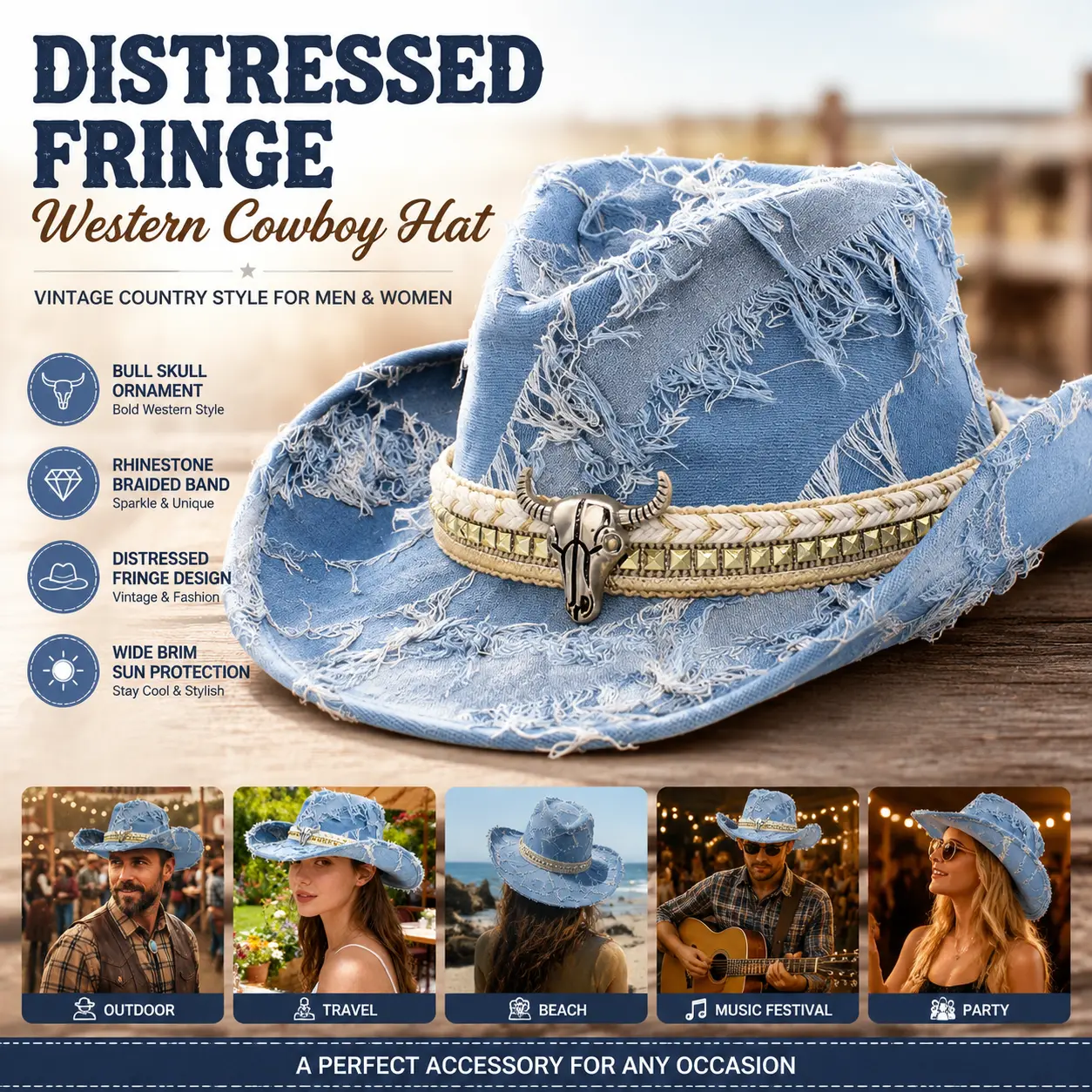 Distressed Fringe Western Cowboy Hat, Bull Skull Ornament Wide Brim Sun Hat With Rhinestone Braided Band,vintage Country Style Hat For Men Women Outdoor Travel Beach Music Party Accessory