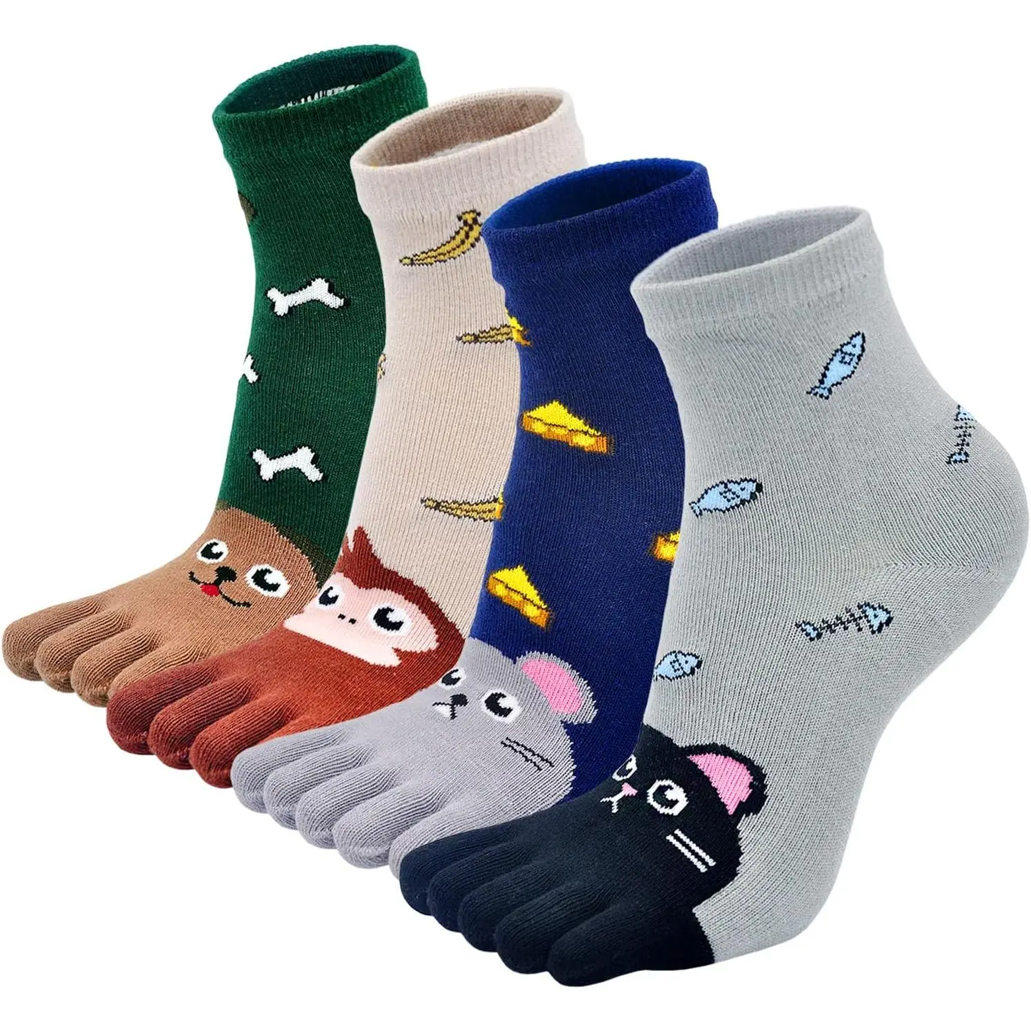 P-SOK012     Kids Toe Socks Cute Cotton Cartoon Animal Dog Cat Ankle Crew Five Finger Socks for 3-12 Years Old Girls and Boys