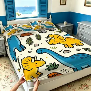 3PCS Cute Cartoon Dinosaur Fitted Bedding Sheet Set, Elastic All-Around Mattress Cover, Wrinkle Resistant Non-Slip, Easy to Clean, For Bedroom Hotel B&B, Housewarming Birthday Christmas Gift
