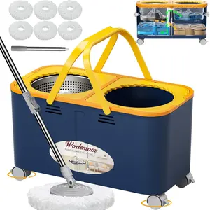 Compact Spin Mop and with & Dirty System, Mop with 360 °   Swivel Wheels, 61" Handle, 6 Reusable Mop Heads for for Wood, Tile, Vinyl, Baseboards- Blue/Yellow