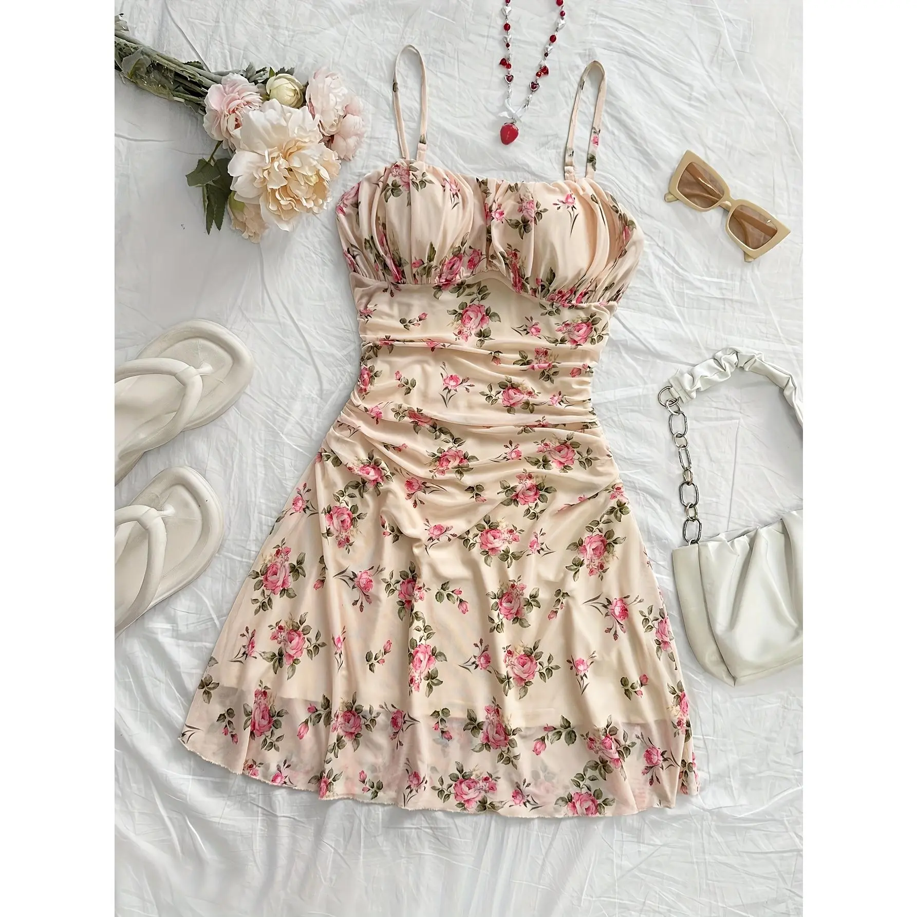 Casual Floral Dress for Women with Spaghetti Straps, Comfortable Cut for Spring, Summer, and Everyday Outings, Casual Wear, Sleeveless, S, Clothes, Casual Bohemian Sleeveless, Women's Clothes