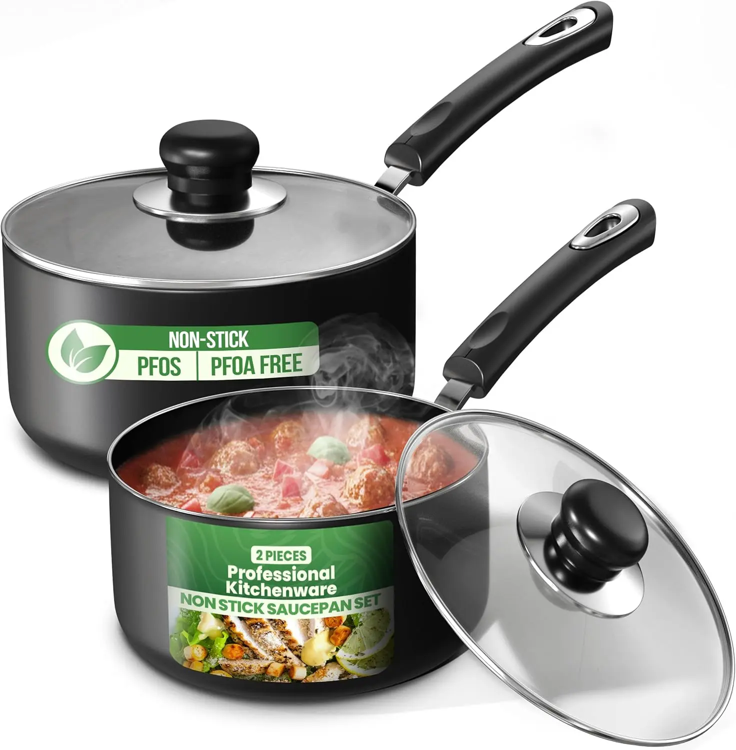 Utopia Kitchen 2-Piece Nonstick Aluminum Cookware Set - 1 Qt Small Batches & 2 Qt Stovetop Saucepans with Lids, Handles, Grey & Black Design, Even Heat Cook, Less Oil for Daily Use