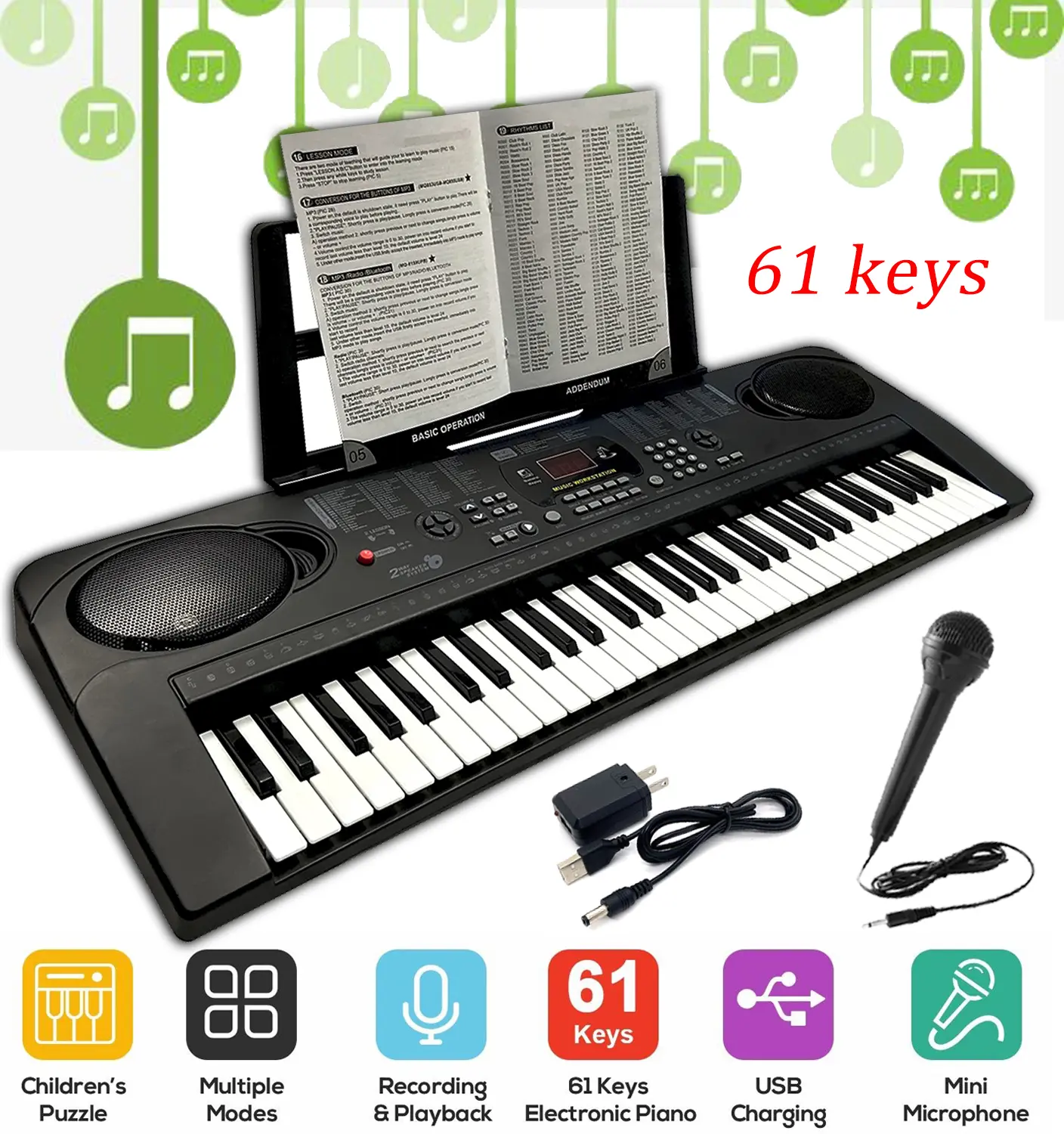 Lighted 61-Key Digital Piano Keyboard Set for Beginners - Electronic Piano with LCD Display, Music Stand, Vocals Mic, Headphone Jack, USB/Battery Power, Batteries, Music Stand, Christmas Gift Option, Lighted Piano Set, With Batteries