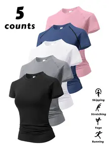 5-Pack Women's Solid Color Stretchy Tight-Fit Short Sleeve Sportswear, Quick-Dry Breathable Stretch Yoga Running Training Tops, Comfortable Outdoor Activities