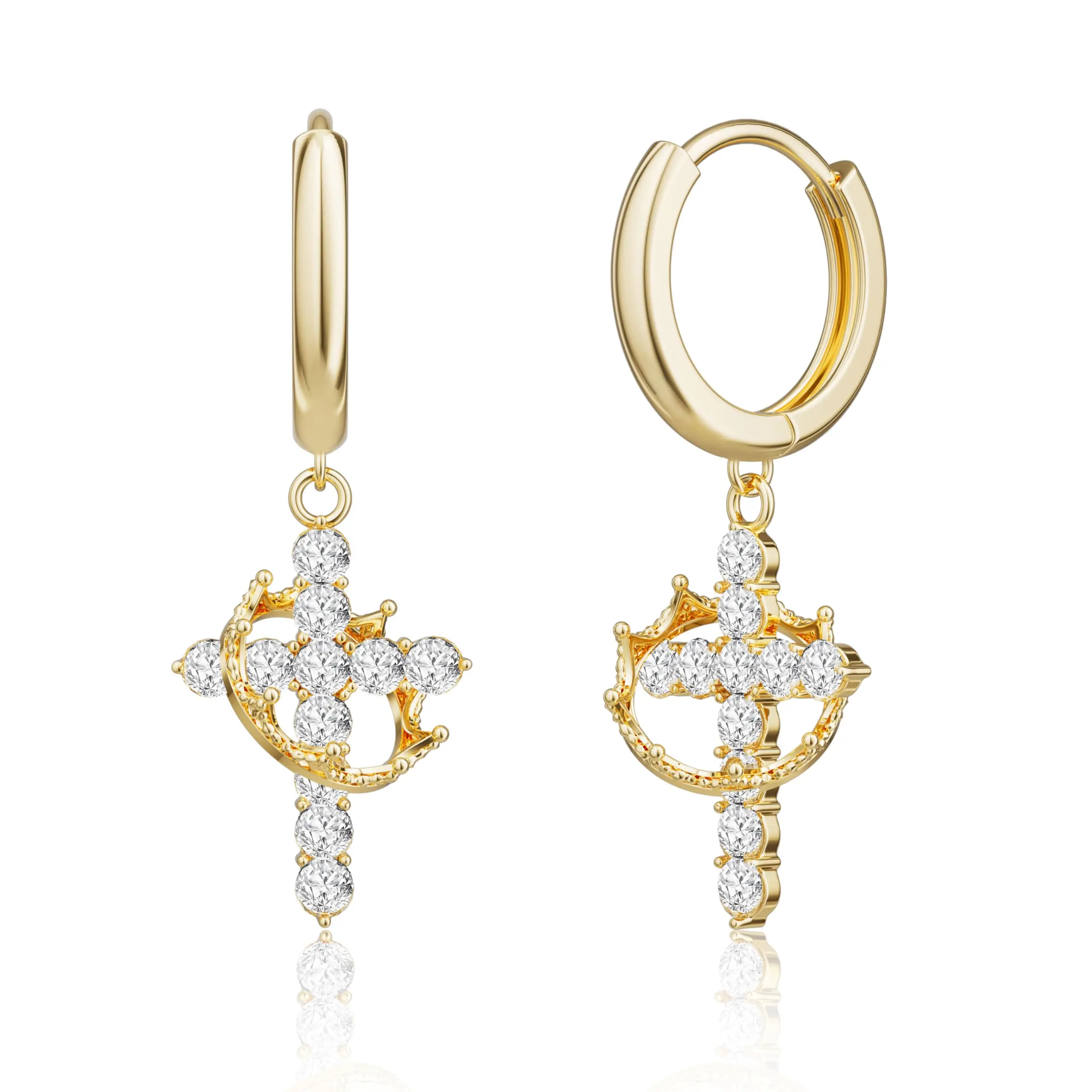 Gold Crown Cross Hoop Drop Earrings - Trendy 14K Gold Plated/Silver Small Huggie Hoop Dangle Earrings for Women Dainty Hypoallergenic Lightweight Earring Jewelry